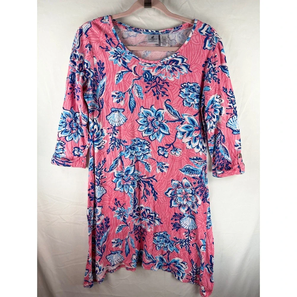 Caribbean Joe Womens Pink Blue Floral Seashell Sharkbite Hem 3/4 Sleeve dress S